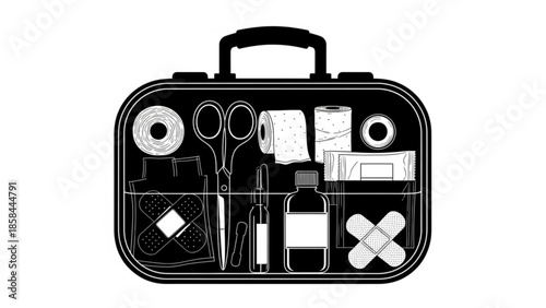 Medical kit contents illustration on white background viewed from directly above