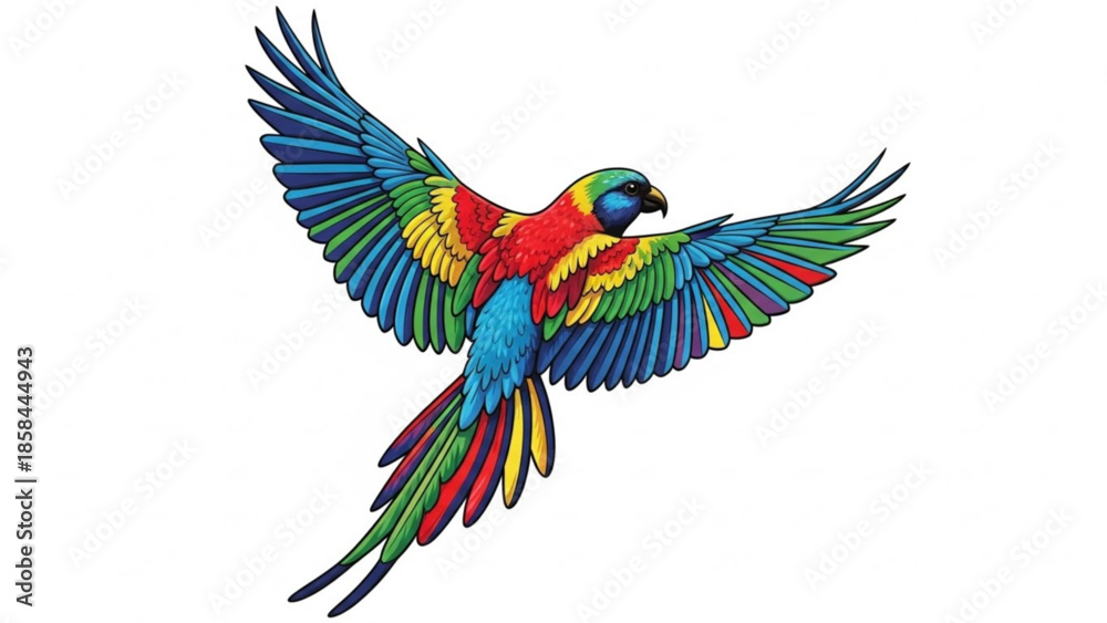 Obraz premium Vibrant parrot in mid-flight against a white background with colorful plumage on display