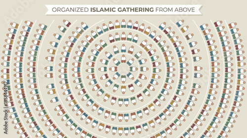 Organized Islamic Gathering Top View Vector | Concentric Circle Prayer Formation Clipart | Spiritual Unity Mosque Event Design for Ramadan Eid | Islamic Vector Art