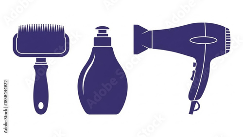 Hair care tools arranged neatly on a white background, showcasing a comb, shampoo bottle, and hair dryer.