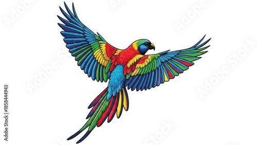 Vibrant parrot in mid-flight against a white background with colorful plumage on display