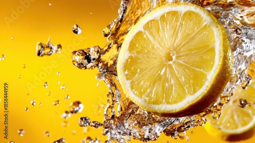A striking image capturing a lemon burst surrounded by water droplets, emphasizing the refreshing qualities of citrus against a lively yellow backdrop.