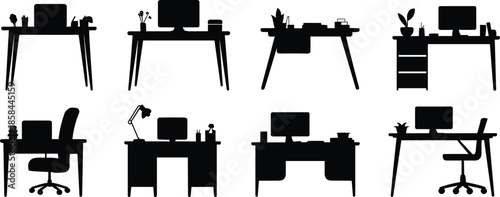 Desk silhouette vector set, modern workspace icons, office furniture collection, black design elements, ergonomic layout, interior decor, productivity concept
