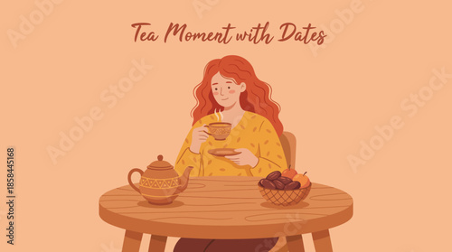 Tea Moment with Dates Vector Illustration | Cozy Ramadan Scene with Woman, Teapot, Oranges, Healthy Snack | Peaceful Islamic Lifestyle Clipart | Vector Art