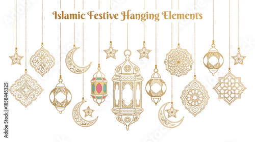Islamic Festive Hanging Elements Vector Set | Gold Lantern Crescent Star Motifs with Geometric Accents for Eid Ramadan Decor | Islamic Celebration Clipart Vector