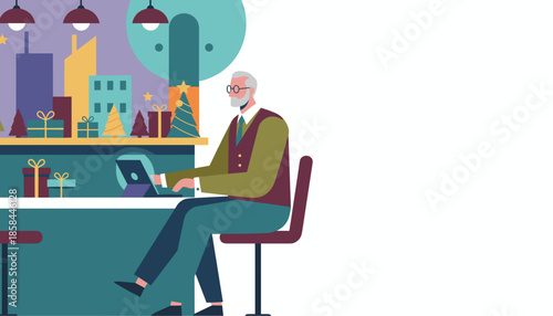 Remote work Senior man uses laptop at a holiday bar with city lights illustration