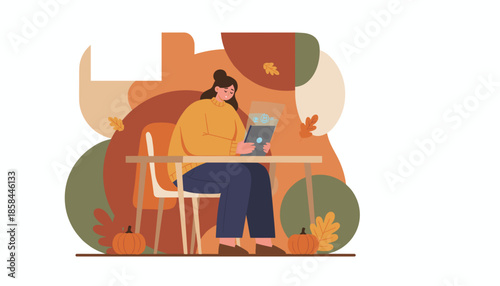 Woman uses a tablet in a cozy autumn setting focusing on remote work and digital communication