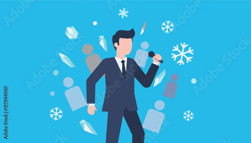 Speaker in a suit holding a mic surrounded by icy elements and abstract audience figures Winter presentation concept