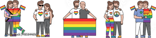 Set of diverse LGBTQ couples celebrating pride month with rainbow flags hearts and symbols in flat vector style