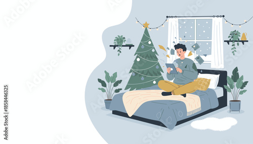 Stressed man working remotely on a tablet in a cozy bedroom with a Christmas tree during winter