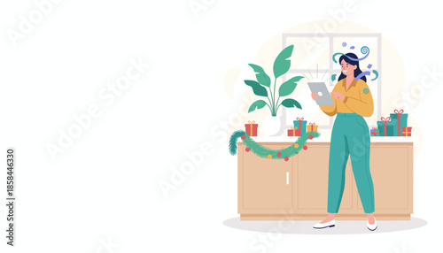 Joyful woman uses a tablet surrounded by Christmas gifts and decor for shopping or virtual celebration