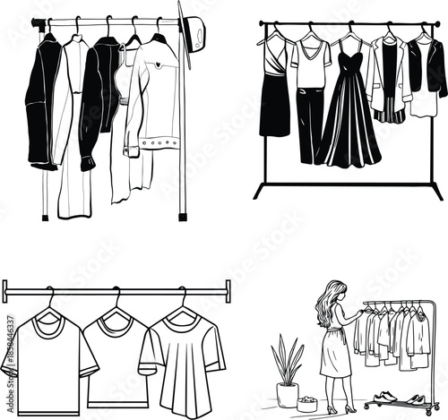 This title emphasizes vector, clothing rack, fashion, apparel, line art, and isolated, which are high-performing Adobe Stock search terms for fashion, retail, and lifestyle illustrations.