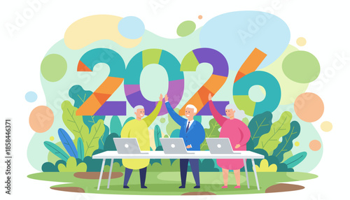 Celebrating 2026 success Senior team working outdoors with laptops and raising hands