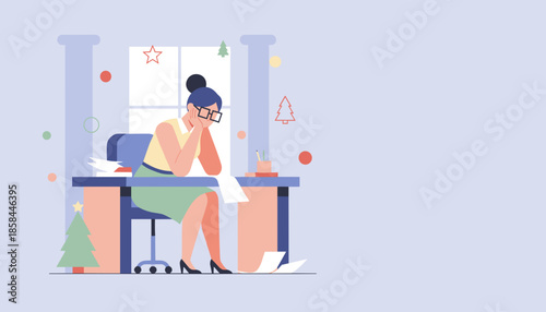 Stressed businesswoman overwhelmed by documents and work deadlines during the holiday season