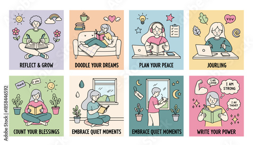 Cute set of illustrations depicting journaling selfcare routines mindfulness and personal growth activities