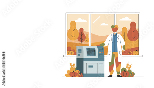 Researcher operating scientific equipment indoors with an autumn landscape view Innovation concept illustration