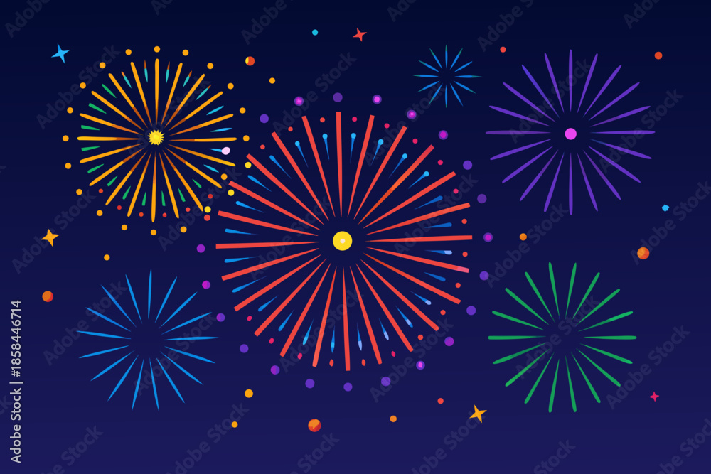 Naklejka premium Colorful fireworks explode in a vibrant night sky creating a festive display
