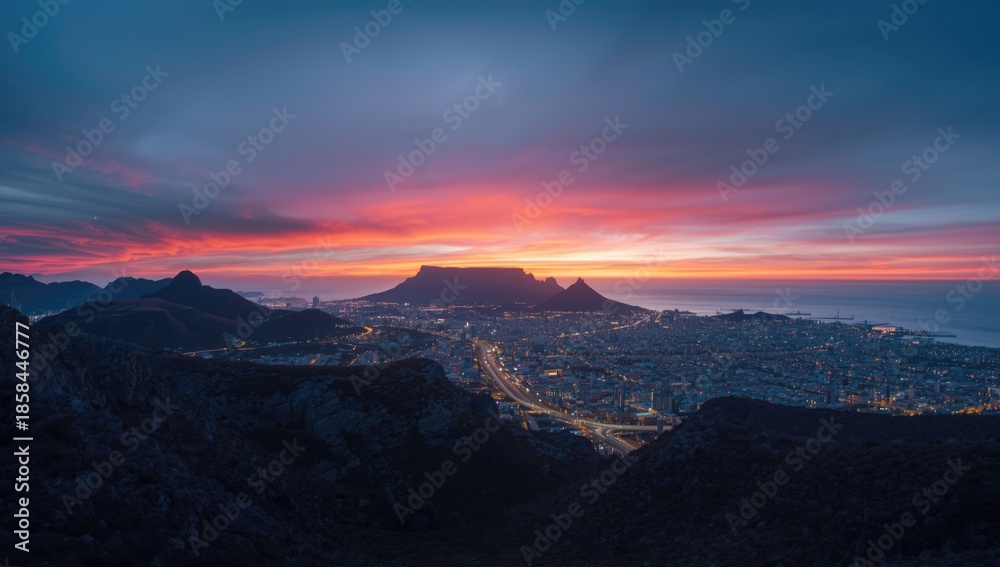 Obraz premium Sunset over the Cape Town city CBD with Table Mountain silhouette, city skyline and mountain view, Earth Day