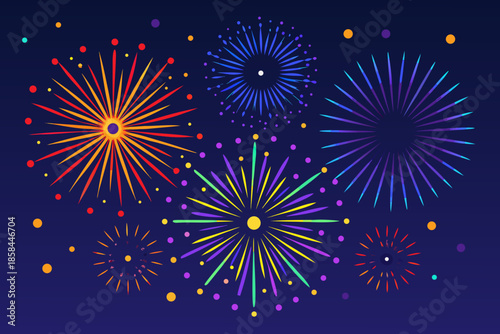 Colorful fireworks burst against a dark blue night sky creating a celebratory mood