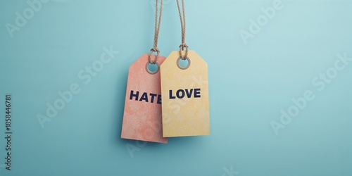 Blue background featuring luggage tags with hate and love inscriptions for branding and messaging, branding and messaging, World Malaria Day