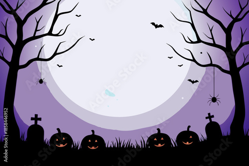 Spooky halloween night scene with a full moon trees and pumpkins