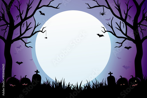 Spooky halloween scene with a full moon bats and graveyard silhouettes