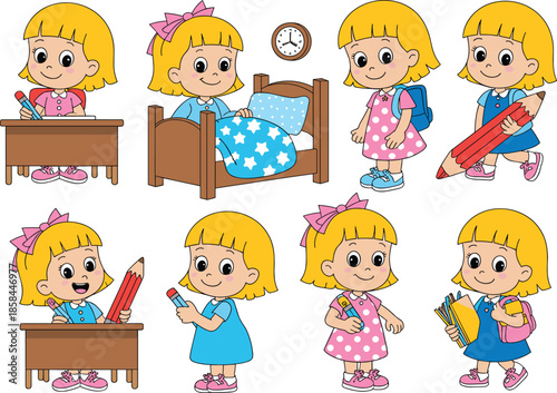 Cartoon girl daily routine vector set, school and bedtime activities, backpack, pencil, book, desk, cute character, educational illustration