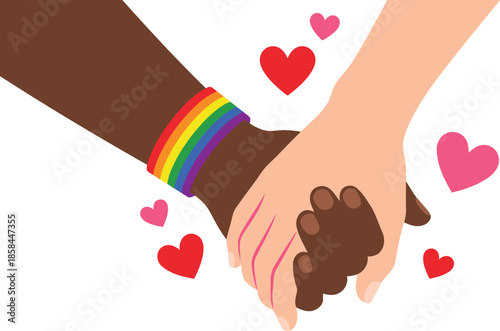 Interracial hands holding with rainbow pride wristband and hearts vector illustration