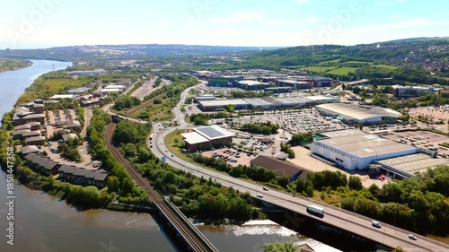 Gateshead UK: 15th Aug 2025: Drone view of Metro Centre and Metro Retail Park on River Tyne showing shops and roads in the area