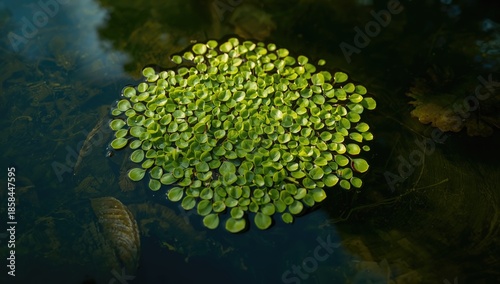 Duckweed covering a calm water surface serving as a textured backdrop for natural elements, summer, nature, World Water Day
