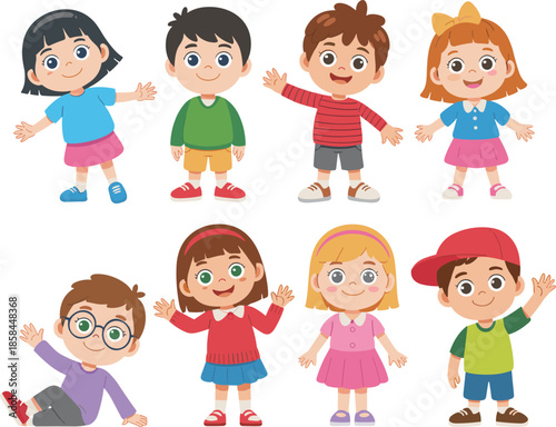 Cartoon children waving in colorful outfits, diverse kids vector illustration, smiling faces, playful poses, classroom material, educational design, cheerful character set
