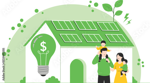 Solar energy and sustainable housing concept with family standing near house with solar panels and money saving light bulbSolar energy and sustainable housing concept with family standing near house w