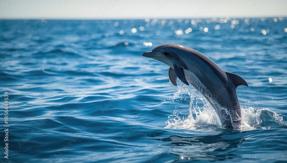 Fototapeta premium Marine life encounter with a dolphin close to the beach, ideal for layout backgrounds