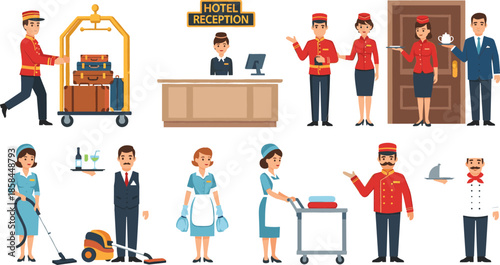 Large vector character set of hotel staff including receptionists bellhops maids chefs and waiters in professional uniforms