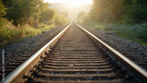 Railroad tracks on gravel with sunlight in the background, focusing on transportation safety, Earth Day