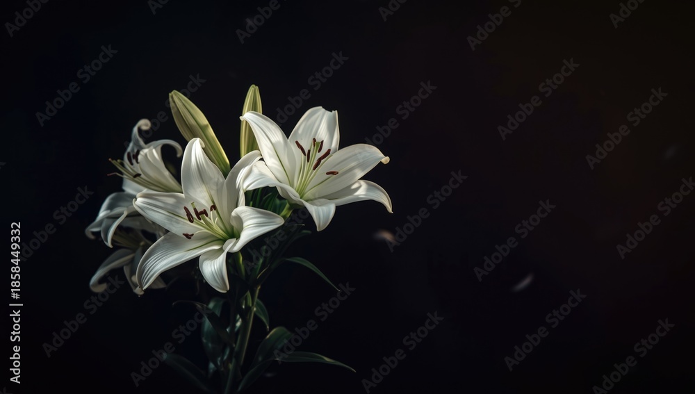 Fototapeta premium Lily flowers against a deep dark backdrop, used for botanical layout, Earth Day