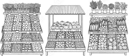 Detailed black and white line art vector of market stalls featuring fresh vegetables fruits and potted garden herbs