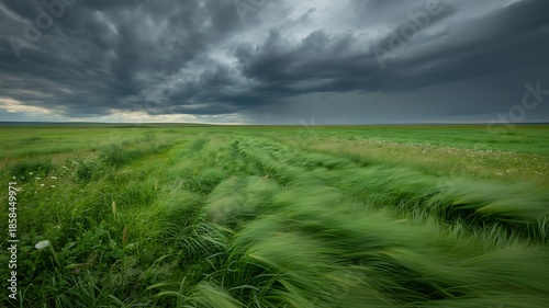 St patrick's day stormy weather landscape with green grass and dark clouds
