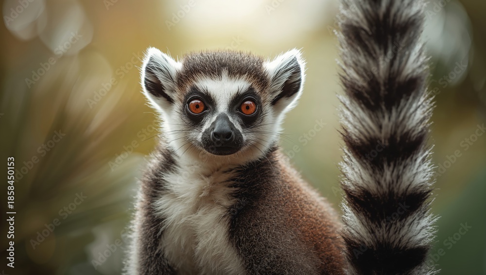 Fototapeta premium Detailed image of a ring-tailed lemur, showcasing its fur pattern and alert posture, animal behavior