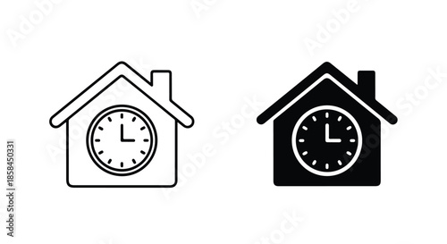 House shaped clocks - Black and White Vector Symbol, Minimal Solid Vector Illustration, Minimal UI Vector, Flat Solid Vector, Flat Vector Illustration, icon, Editable stroke icon, Modern icon