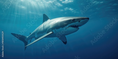 Large great white shark with open mouth, focusing on predation stance, Earth Day