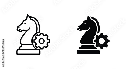 Chess knights with gears - Black and White Vector Symbol, Minimal Solid Vector Illustration, Minimal UI Vector, Flat Solid Vector, Flat Vector Illustration, icon, Editable stroke icon, Modern icon