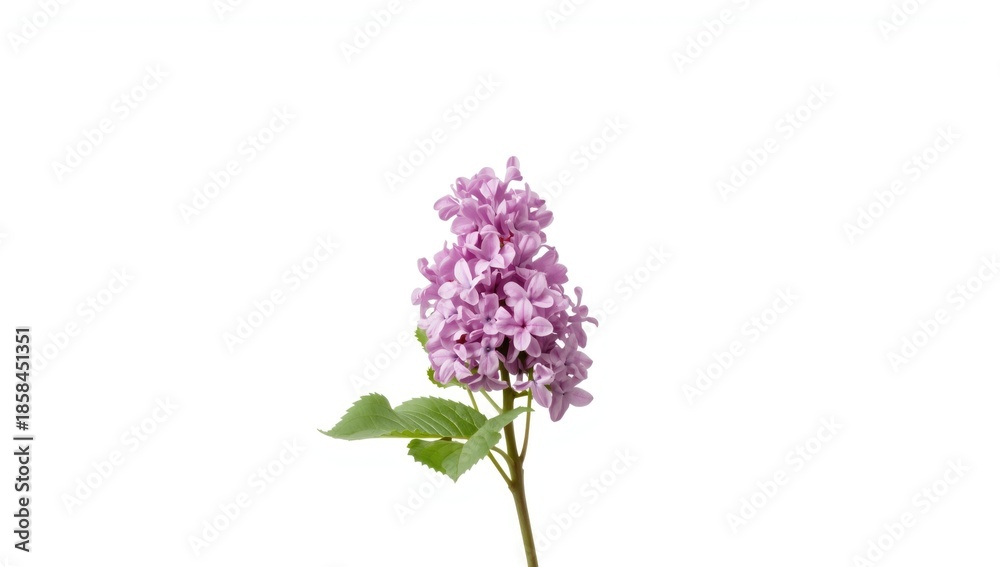 Fototapeta premium Lilac flower with leaves set against a plain white background, suitable for nature and garden layouts