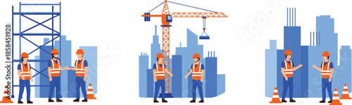 Construction site vector illustration set featuring workers in safety gear with crane scaffolding and modern city skyline background