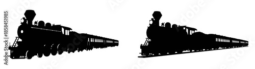 Silhouette Detailed Classic Steam Train with Passenger Carriages Illustration