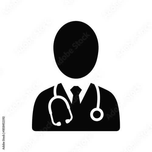 A simple black silhouette of a healthcare professional wearing a stethoscope and formal attire representing medical services and expertise high quality