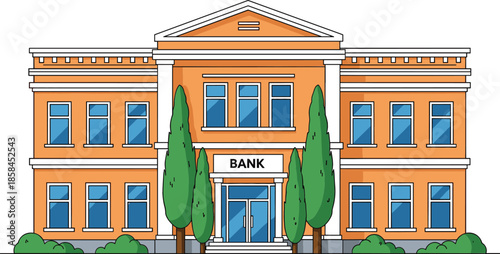 Classical bank building architecture vector illustration with orange facade white columns green cypress trees and blue window.
