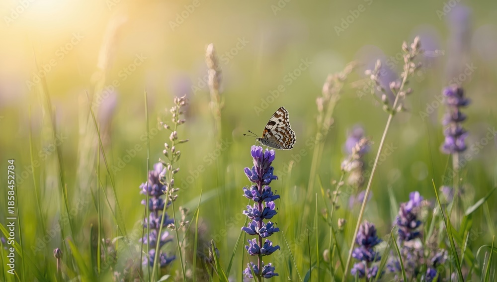 Fototapeta premium Close-up of Veronica spicata blue plant with butterfly resting, highlighting natural interactions