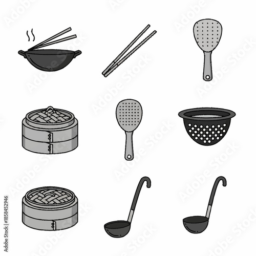 Collection of Asian Cooking Utensils and Steaming Baskets.