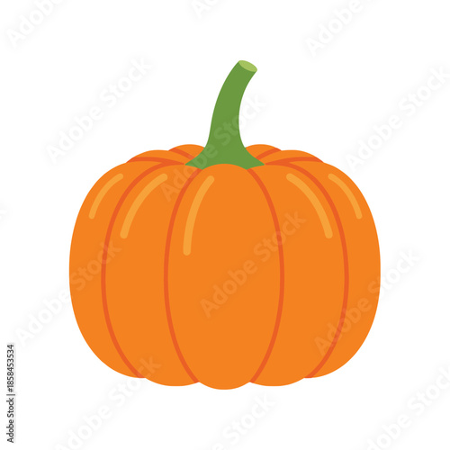 a vibrant and cheerfully illustrated orange pumpkin with a bright green stem is prominently displayed on a clean white background isolated
